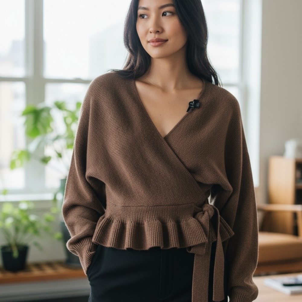 Lulu's Brown Wrap Peplum Knit Sweater